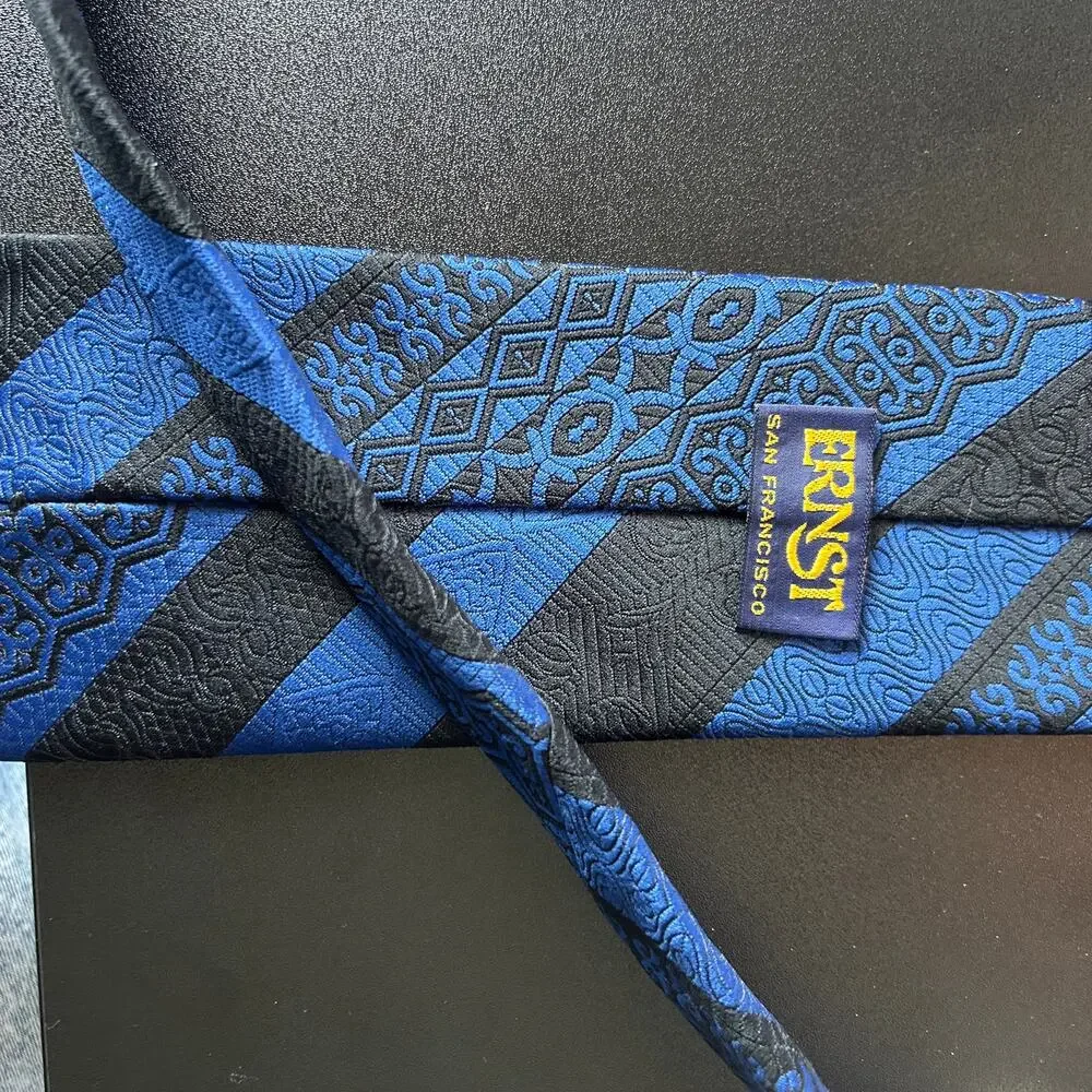 Vintage Ernst San Francisco Silk Tie – Cobalt Blue & Black Geometric Pattern